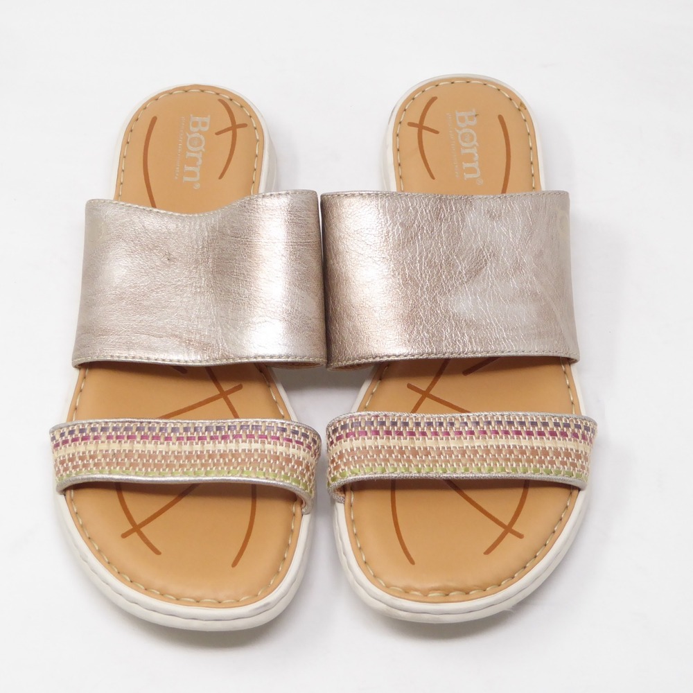 Born Shore Women Sandals Champagne Metallic Woven Slide 9M - Picture 3 of 9